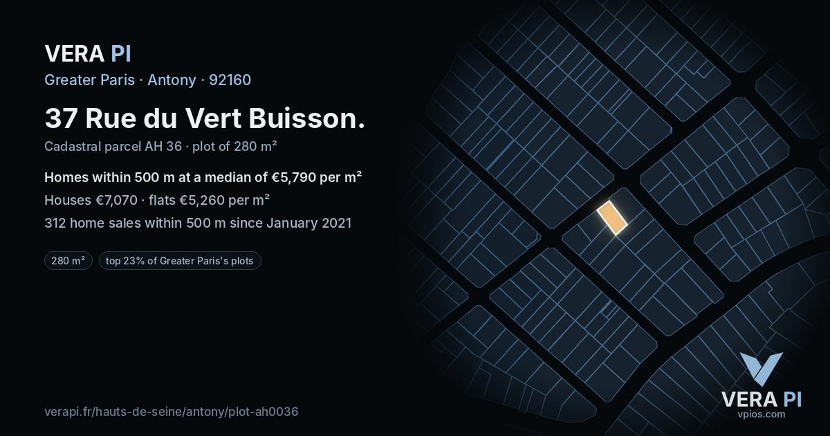 37 Rue du Vert Buisson, Antony at night – the plot lit, the parcels around coloured by the prices near them