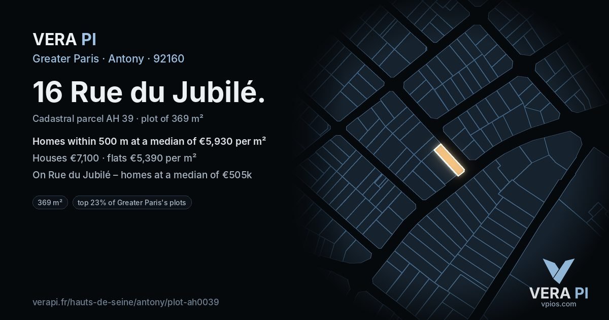 16 Rue du Jubilé, Antony at night – the plot lit, the parcels around coloured by the prices near them