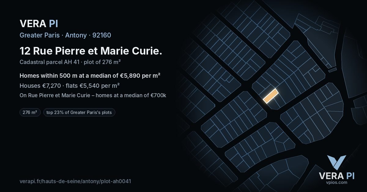 12 Rue Pierre et Marie Curie, Antony at night – the plot lit, the parcels around coloured by the prices near them