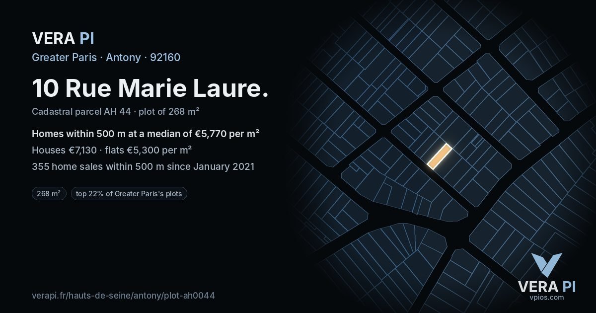 10 Rue Marie Laure, Antony at night – the plot lit, the parcels around coloured by the prices near them