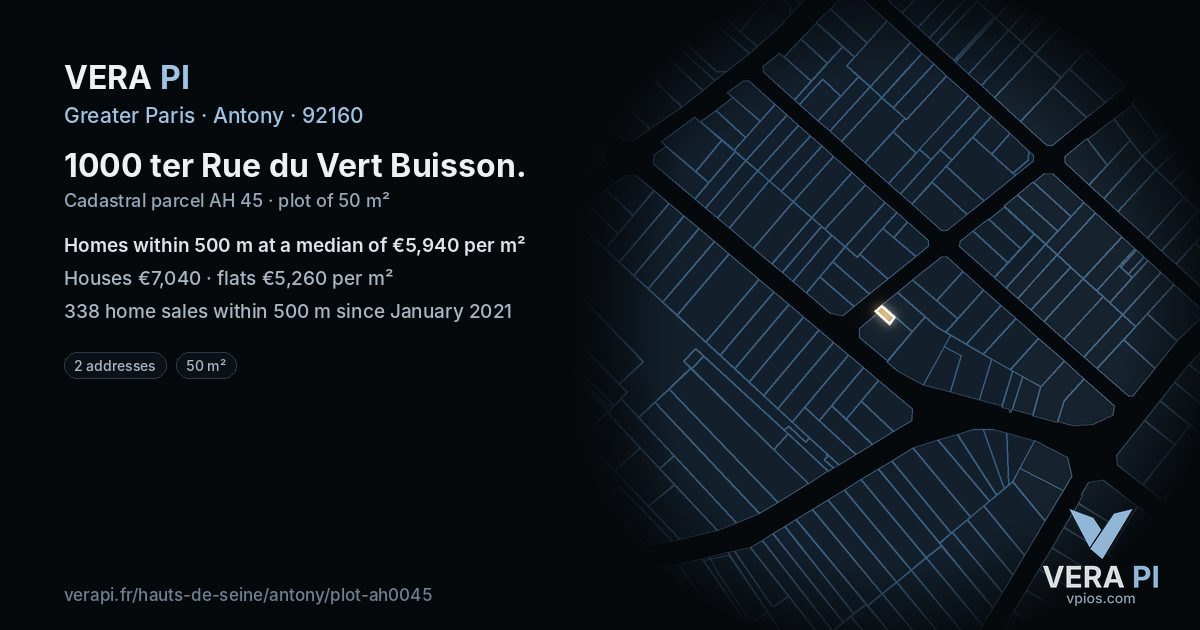 1000 ter Rue du Vert Buisson, Antony at night – the plot lit, the parcels around coloured by the prices near them