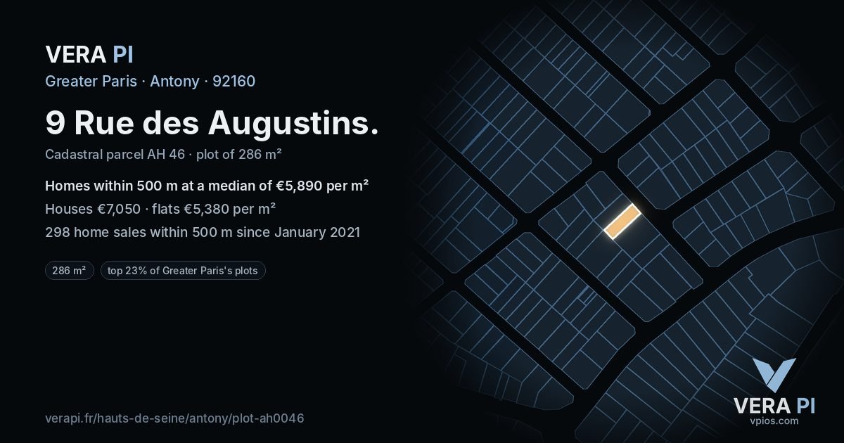 9 Rue des Augustins, Antony at night – the plot lit, the parcels around coloured by the prices near them