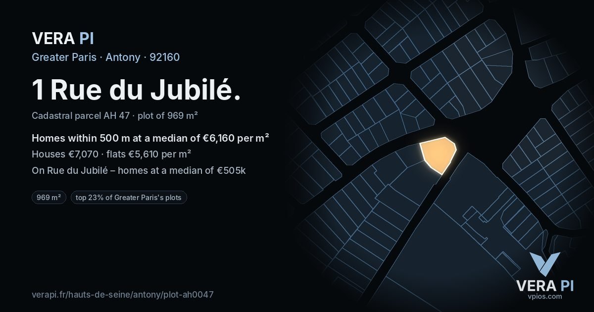 1 Rue du Jubilé, Antony at night – the plot lit, the parcels around coloured by the prices near them