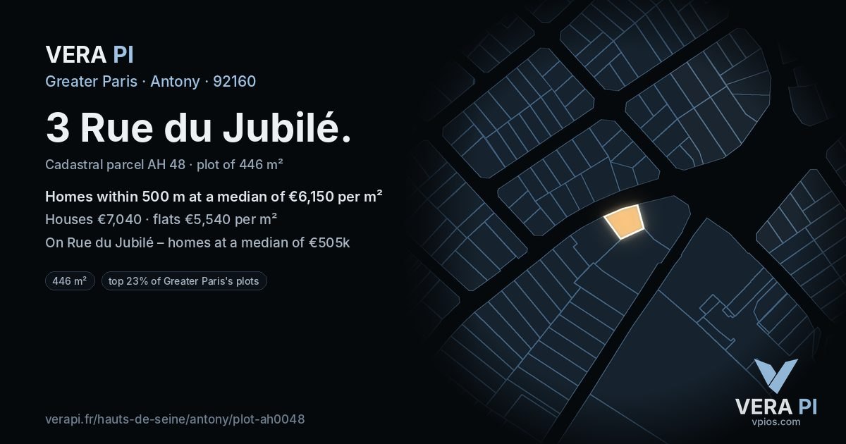 3 Rue du Jubilé, Antony at night – the plot lit, the parcels around coloured by the prices near them