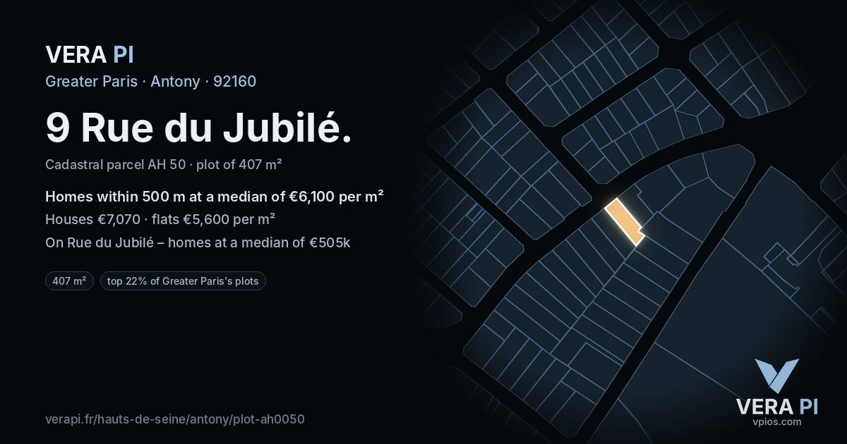 9 Rue du Jubilé, Antony at night – the plot lit, the parcels around coloured by the prices near them