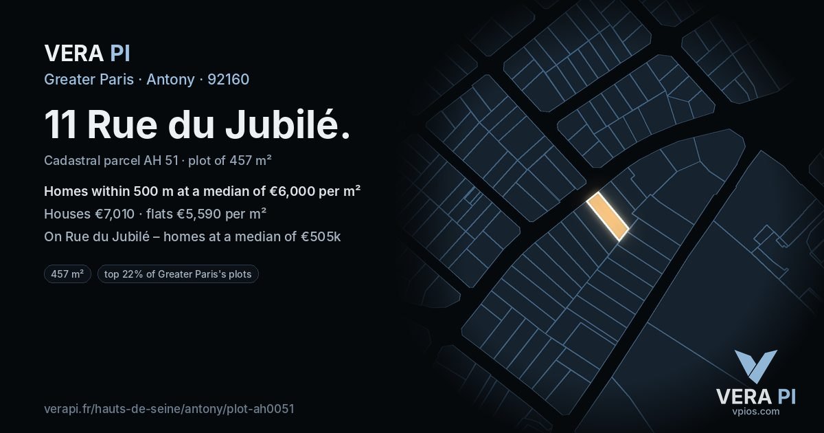 11 Rue du Jubilé, Antony at night – the plot lit, the parcels around coloured by the prices near them
