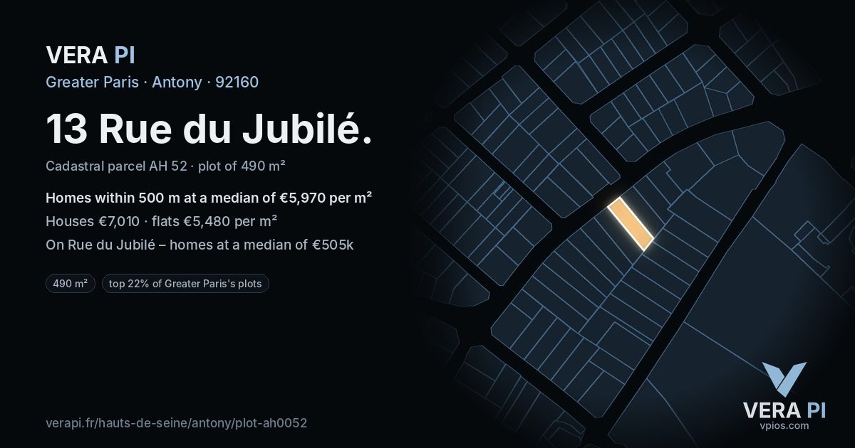 13 Rue du Jubilé, Antony at night – the plot lit, the parcels around coloured by the prices near them