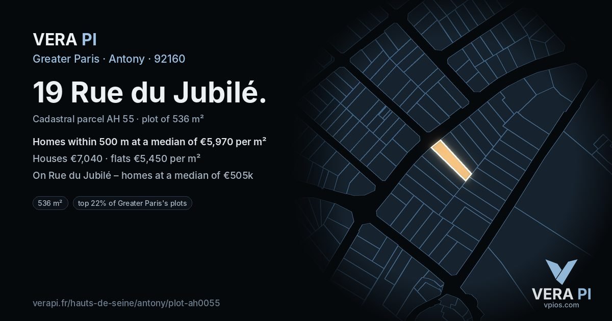19 Rue du Jubilé, Antony at night – the plot lit, the parcels around coloured by the prices near them