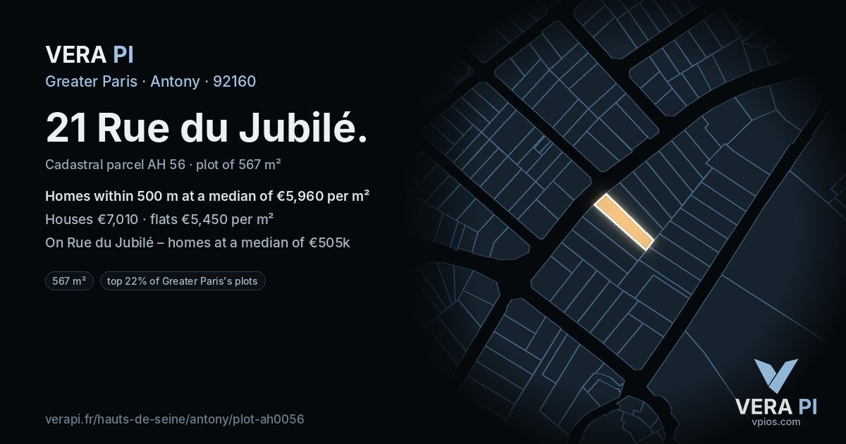 21 Rue du Jubilé, Antony at night – the plot lit, the parcels around coloured by the prices near them