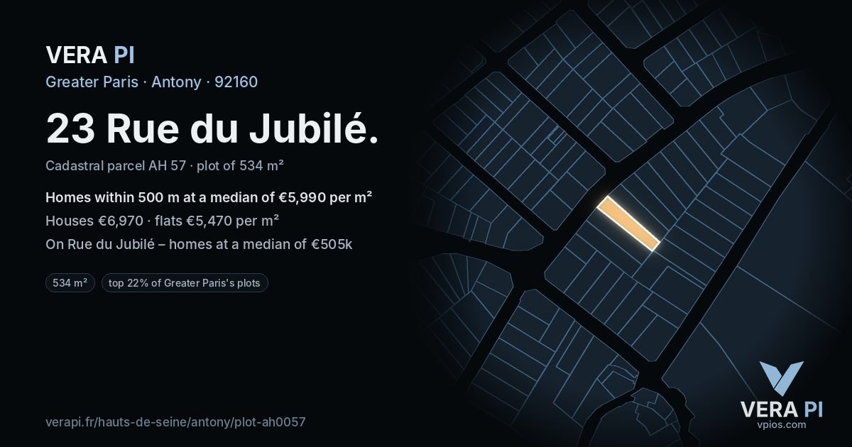 23 Rue du Jubilé, Antony at night – the plot lit, the parcels around coloured by the prices near them