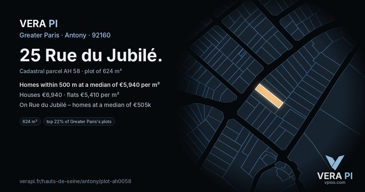 25 Rue du Jubilé, Antony at night – the plot lit, the parcels around coloured by the prices near them