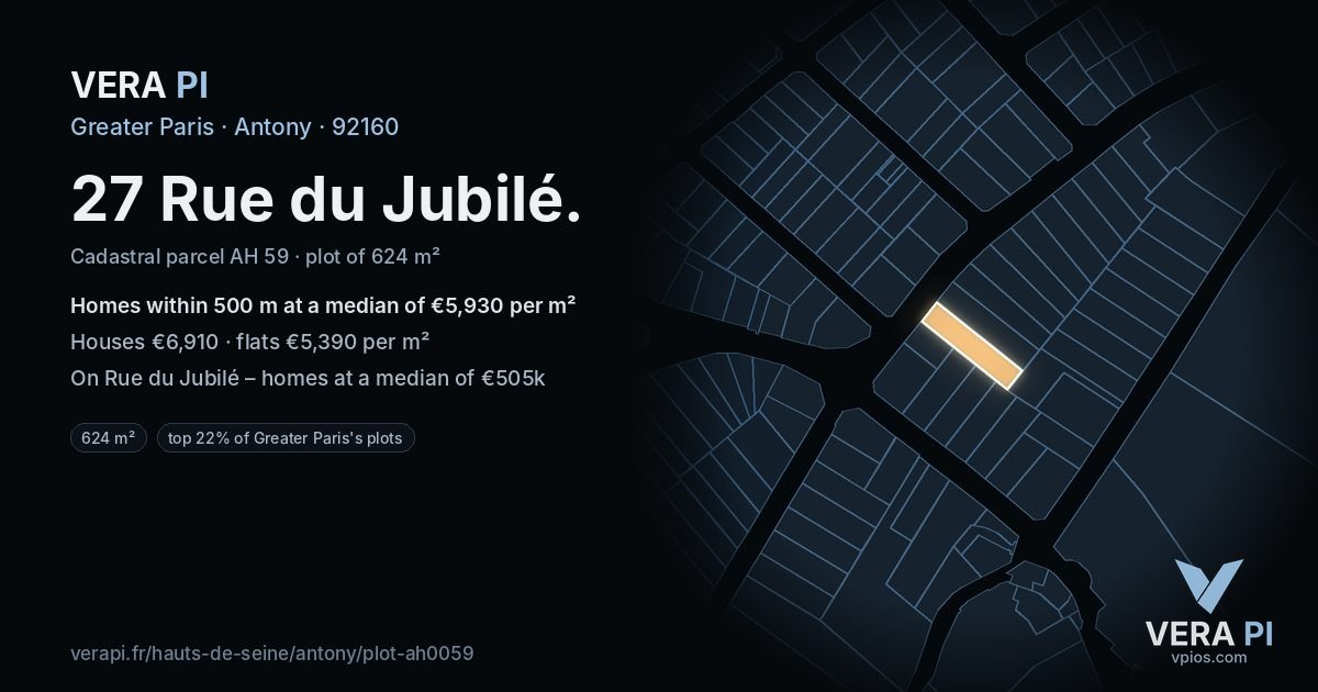 27 Rue du Jubilé, Antony at night – the plot lit, the parcels around coloured by the prices near them