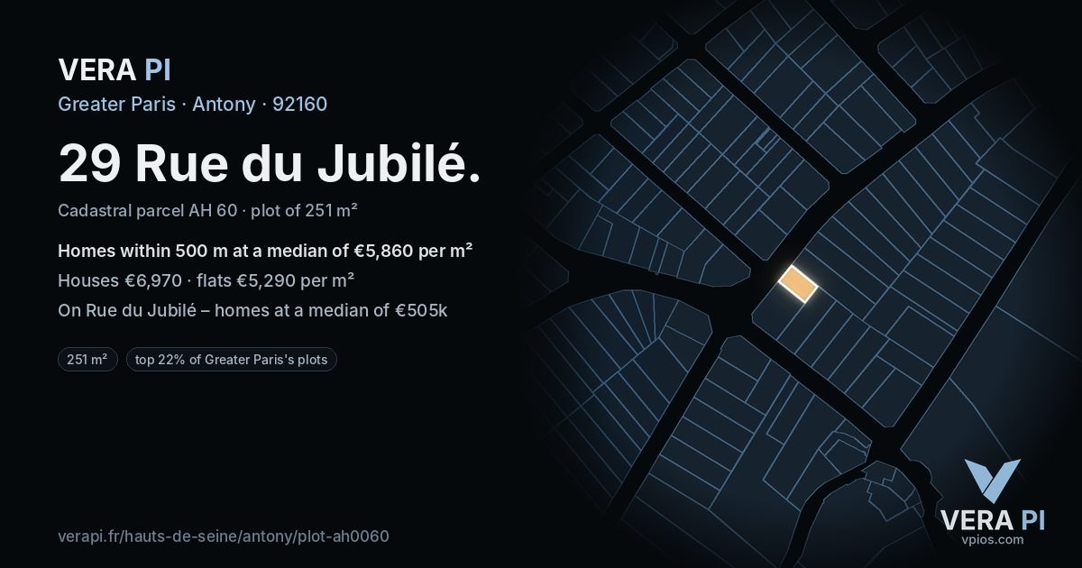 29 Rue du Jubilé, Antony at night – the plot lit, the parcels around coloured by the prices near them