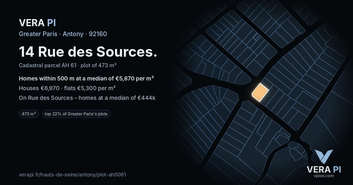 14 Rue des Sources, Antony at night – the plot lit, the parcels around coloured by the prices near them