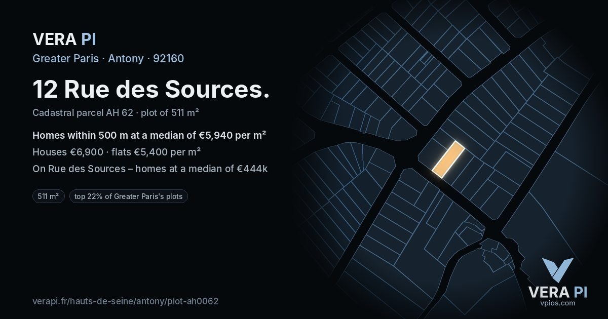 12 Rue des Sources, Antony at night – the plot lit, the parcels around coloured by the prices near them
