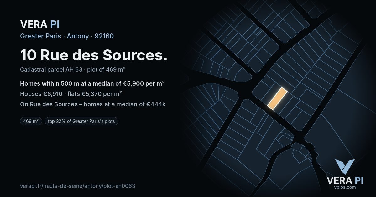 10 Rue des Sources, Antony at night – the plot lit, the parcels around coloured by the prices near them