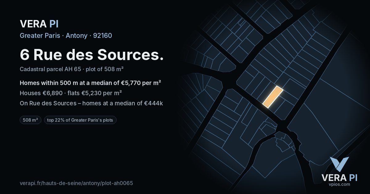 6 Rue des Sources, Antony at night – the plot lit, the parcels around coloured by the prices near them