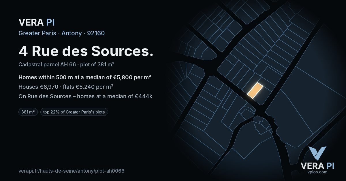 4 Rue des Sources, Antony at night – the plot lit, the parcels around coloured by the prices near them