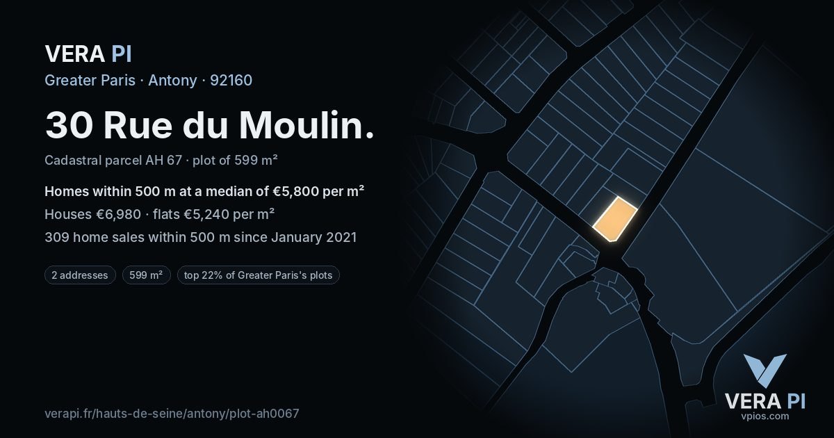 30 Rue du Moulin, Antony at night – the plot lit, the parcels around coloured by the prices near them