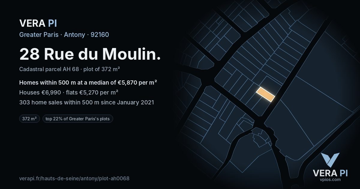28 Rue du Moulin, Antony at night – the plot lit, the parcels around coloured by the prices near them