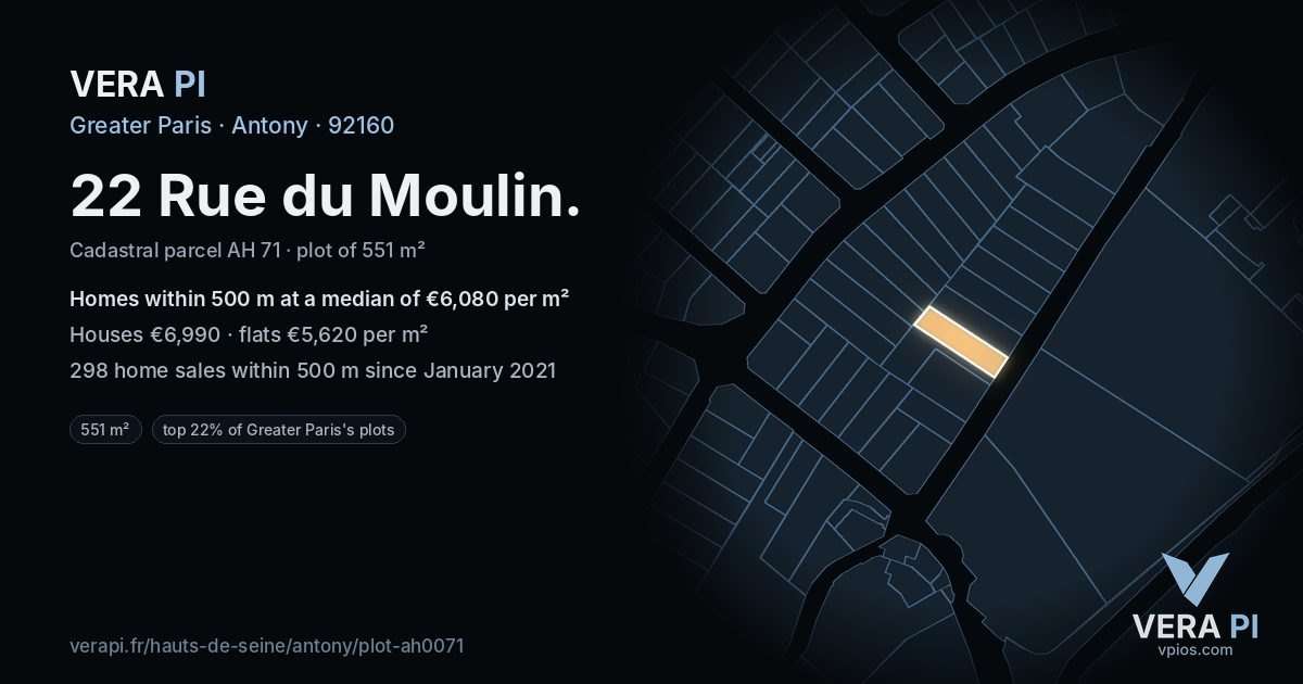 22 Rue du Moulin, Antony at night – the plot lit, the parcels around coloured by the prices near them