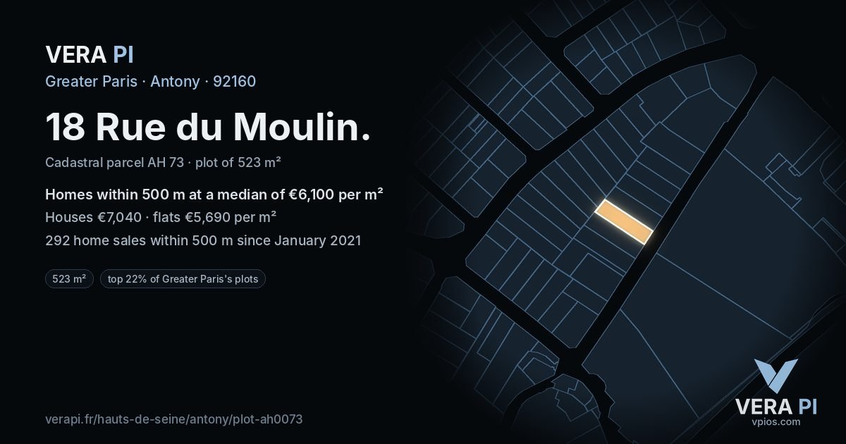 18 Rue du Moulin, Antony at night – the plot lit, the parcels around coloured by the prices near them