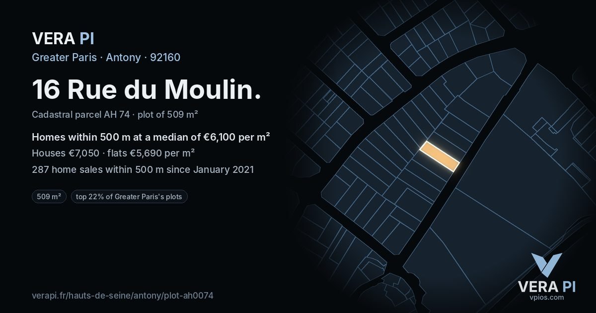 16 Rue du Moulin, Antony at night – the plot lit, the parcels around coloured by the prices near them