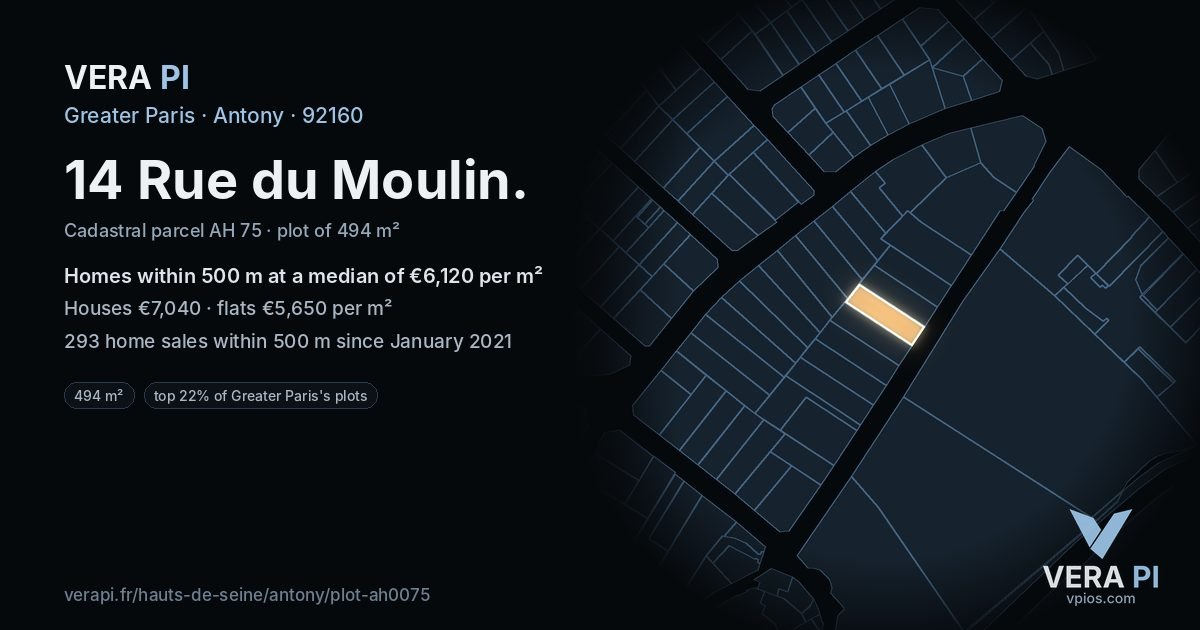 14 Rue du Moulin, Antony at night – the plot lit, the parcels around coloured by the prices near them