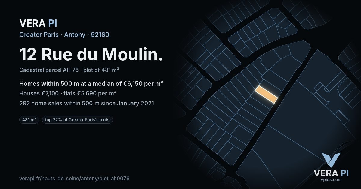 12 Rue du Moulin, Antony at night – the plot lit, the parcels around coloured by the prices near them