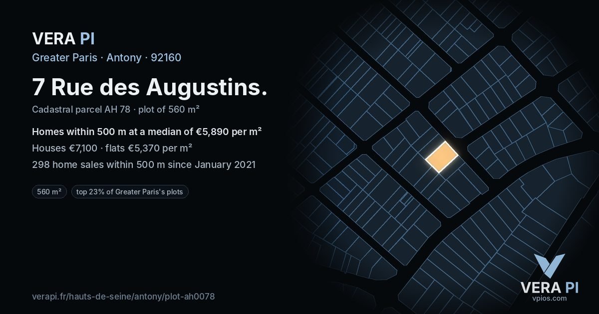 7 Rue des Augustins, Antony at night – the plot lit, the parcels around coloured by the prices near them