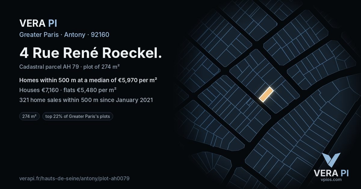 4 Rue René Roeckel, Antony at night – the plot lit, the parcels around coloured by the prices near them