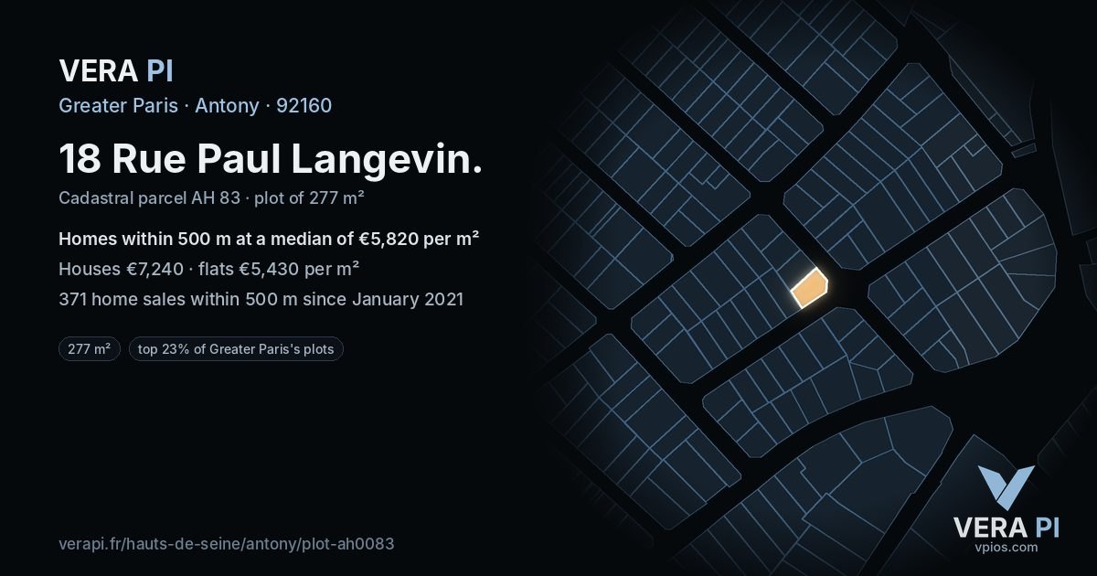 18 Rue Paul Langevin, Antony at night – the plot lit, the parcels around coloured by the prices near them