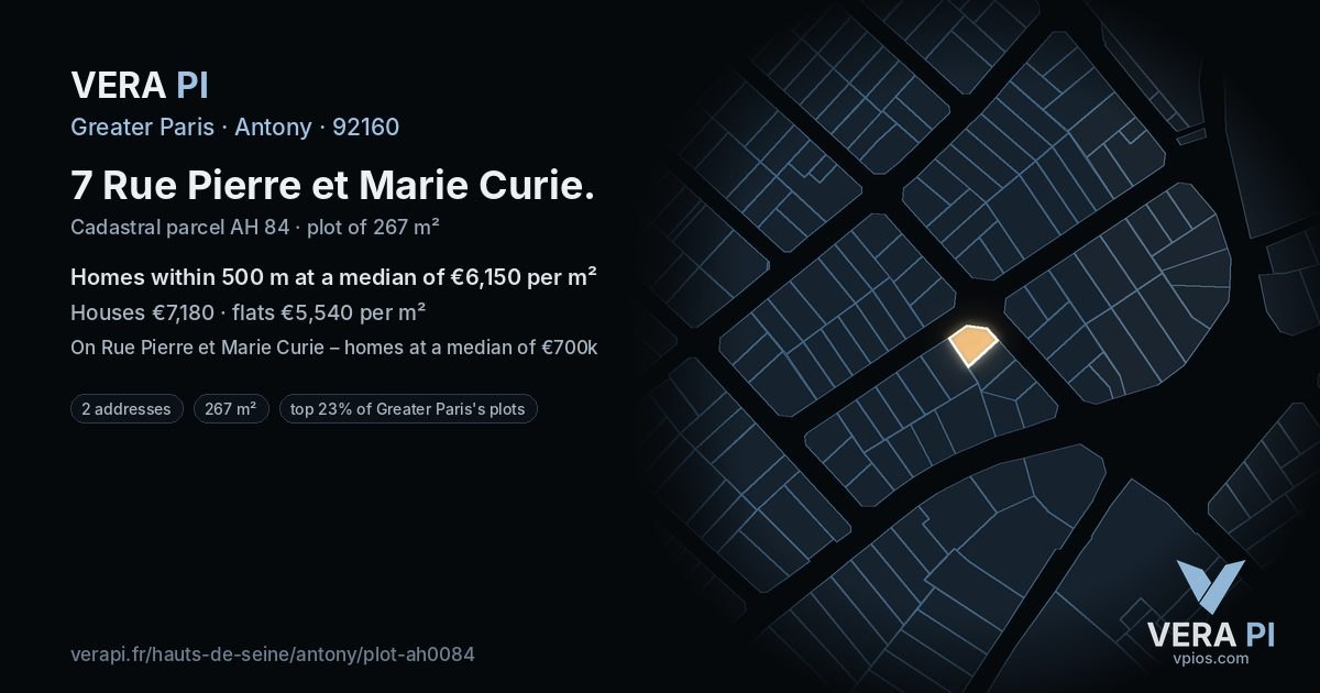 7 Rue Pierre et Marie Curie, Antony at night – the plot lit, the parcels around coloured by the prices near them