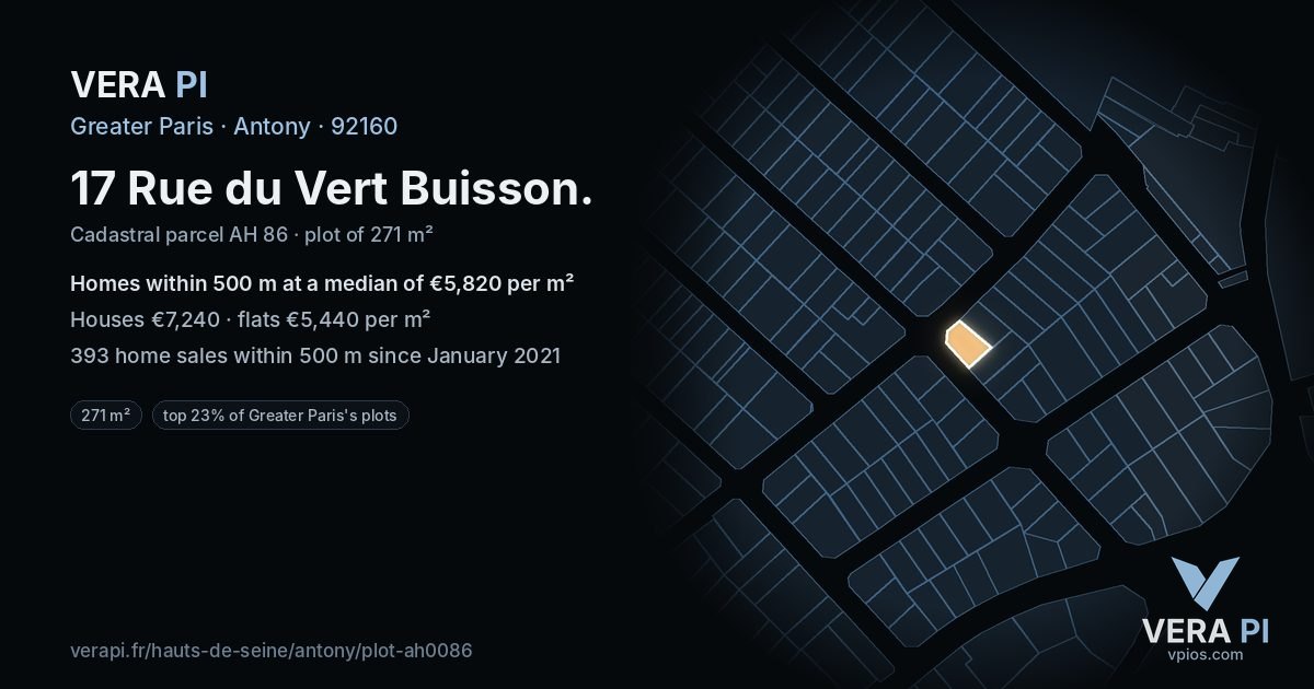 17 Rue du Vert Buisson, Antony at night – the plot lit, the parcels around coloured by the prices near them