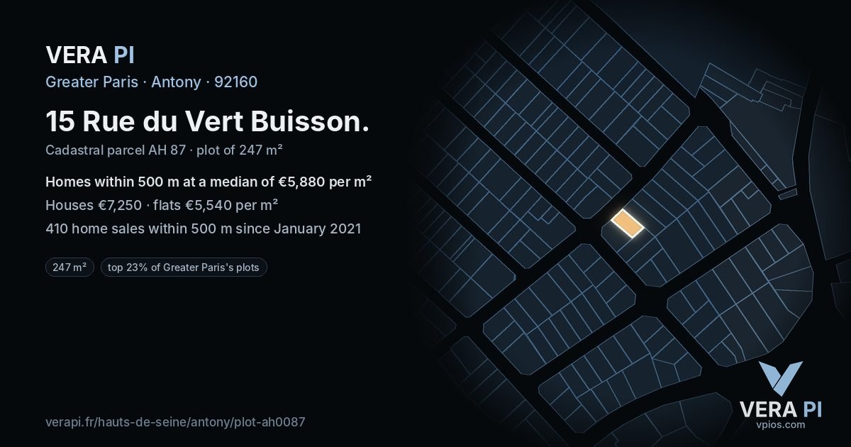 15 Rue du Vert Buisson, Antony at night – the plot lit, the parcels around coloured by the prices near them