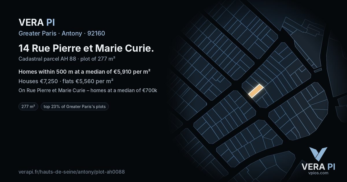 14 Rue Pierre et Marie Curie, Antony at night – the plot lit, the parcels around coloured by the prices near them