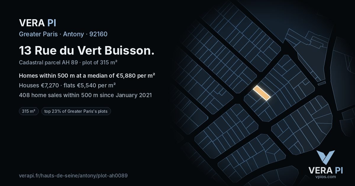 13 Rue du Vert Buisson, Antony at night – the plot lit, the parcels around coloured by the prices near them