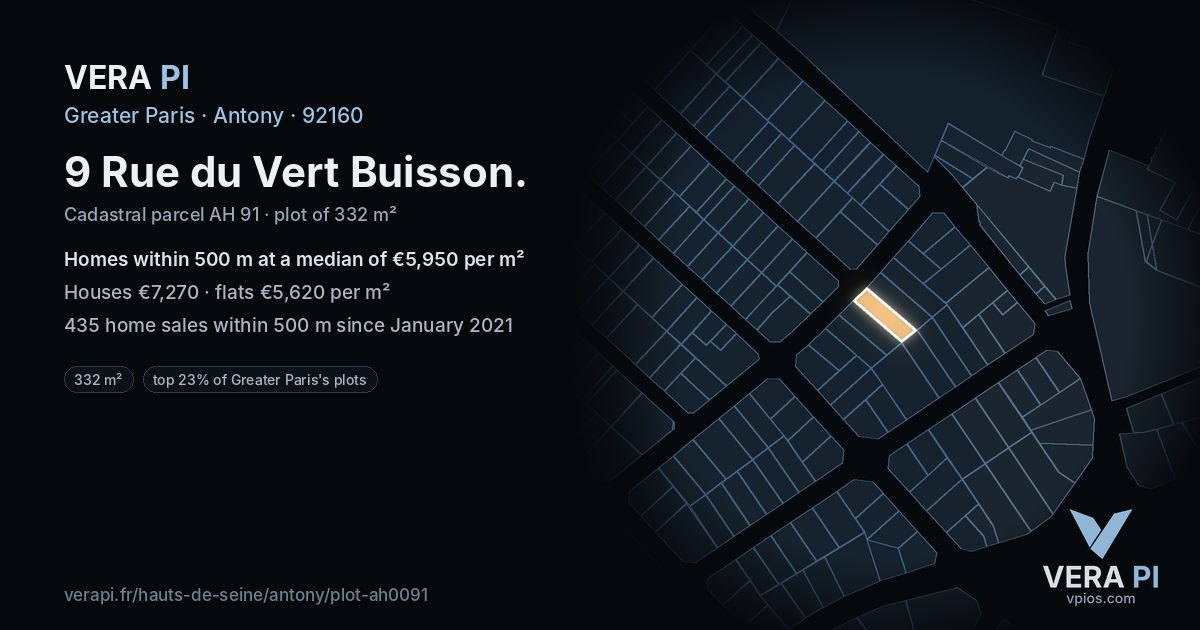 9 Rue du Vert Buisson, Antony at night – the plot lit, the parcels around coloured by the prices near them