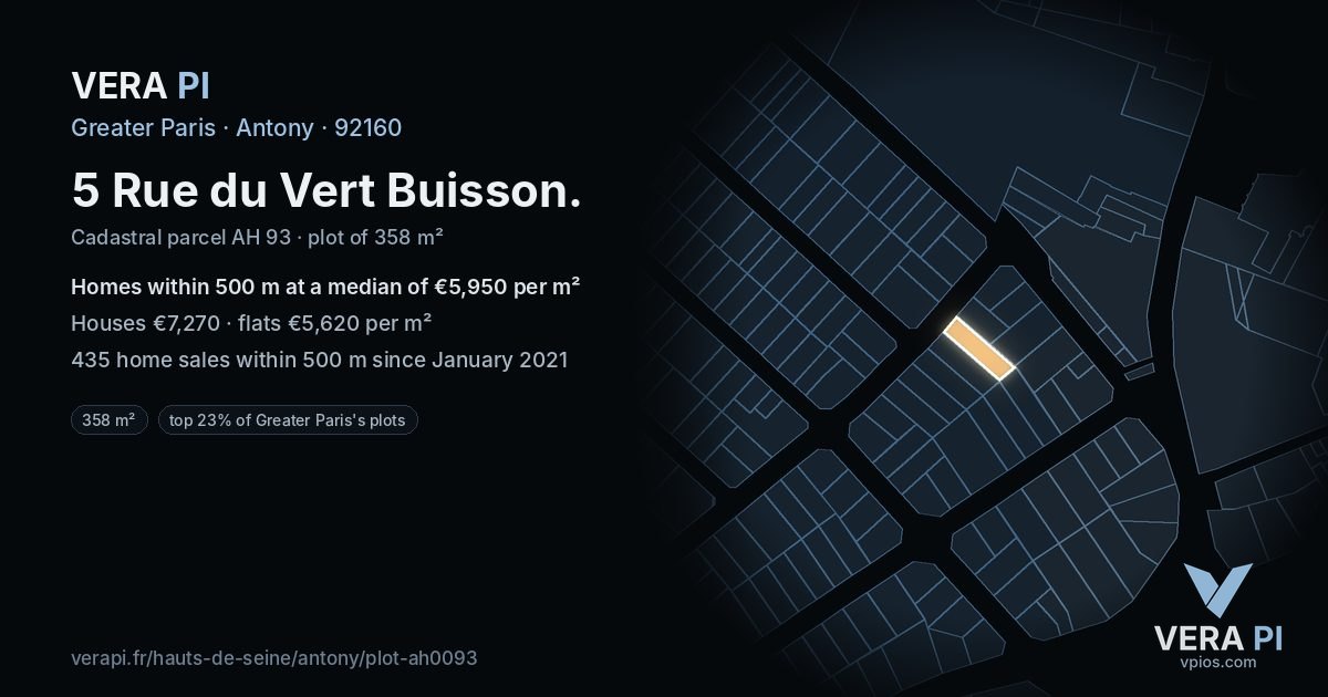 5 Rue du Vert Buisson, Antony at night – the plot lit, the parcels around coloured by the prices near them