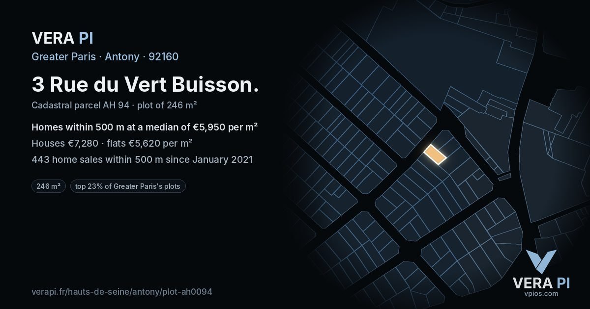 3 Rue du Vert Buisson, Antony at night – the plot lit, the parcels around coloured by the prices near them