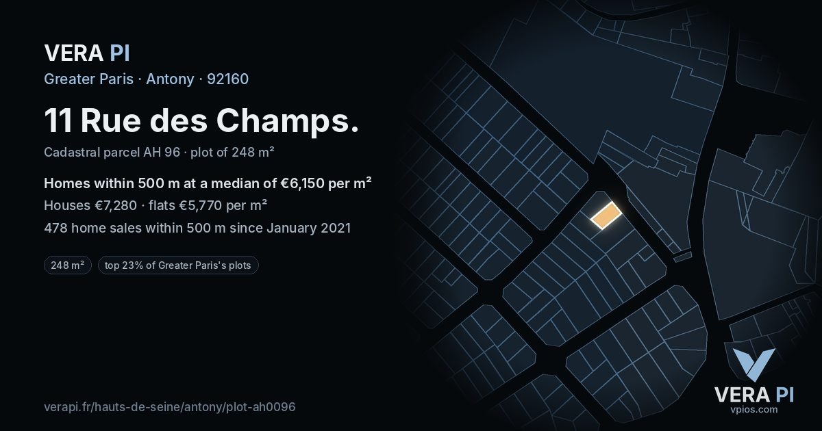 11 Rue des Champs, Antony at night – the plot lit, the parcels around coloured by the prices near them