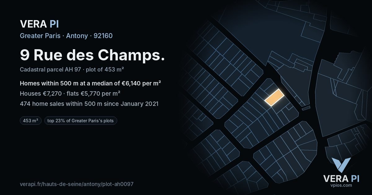 9 Rue des Champs, Antony at night – the plot lit, the parcels around coloured by the prices near them