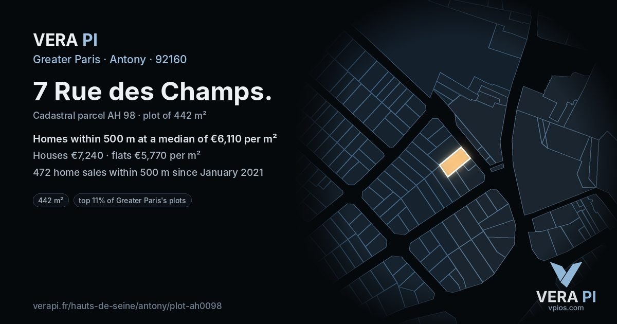 7 Rue des Champs, Antony at night – the plot lit, the parcels around coloured by the prices near them