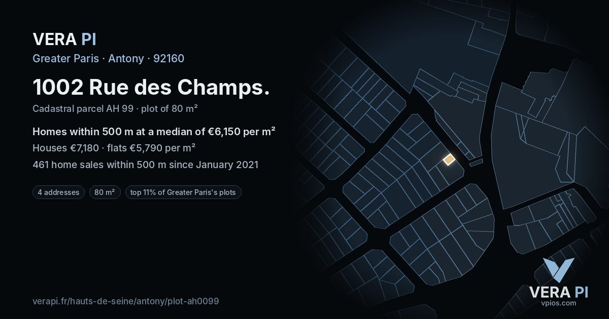 1002 Rue des Champs, Antony at night – the plot lit, the parcels around coloured by the prices near them