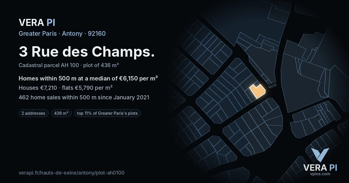 3 Rue des Champs, Antony at night – the plot lit, the parcels around coloured by the prices near them