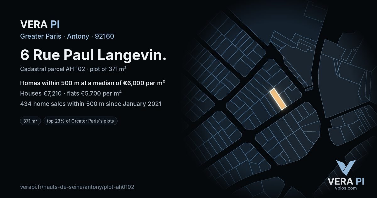 6 Rue Paul Langevin, Antony at night – the plot lit, the parcels around coloured by the prices near them