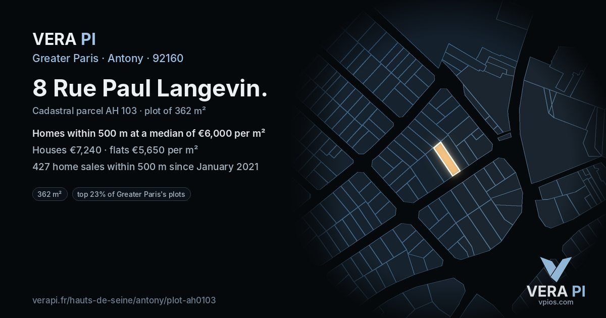 8 Rue Paul Langevin, Antony at night – the plot lit, the parcels around coloured by the prices near them
