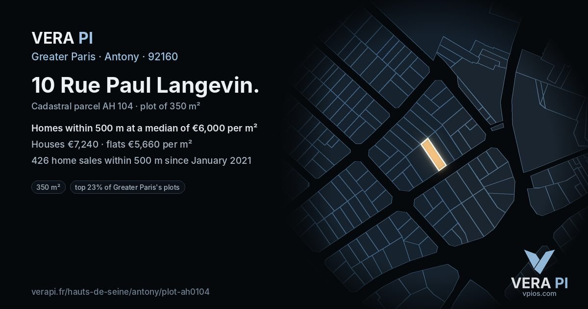 10 Rue Paul Langevin, Antony at night – the plot lit, the parcels around coloured by the prices near them