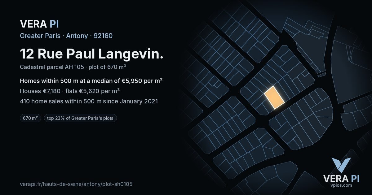 12 Rue Paul Langevin, Antony at night – the plot lit, the parcels around coloured by the prices near them