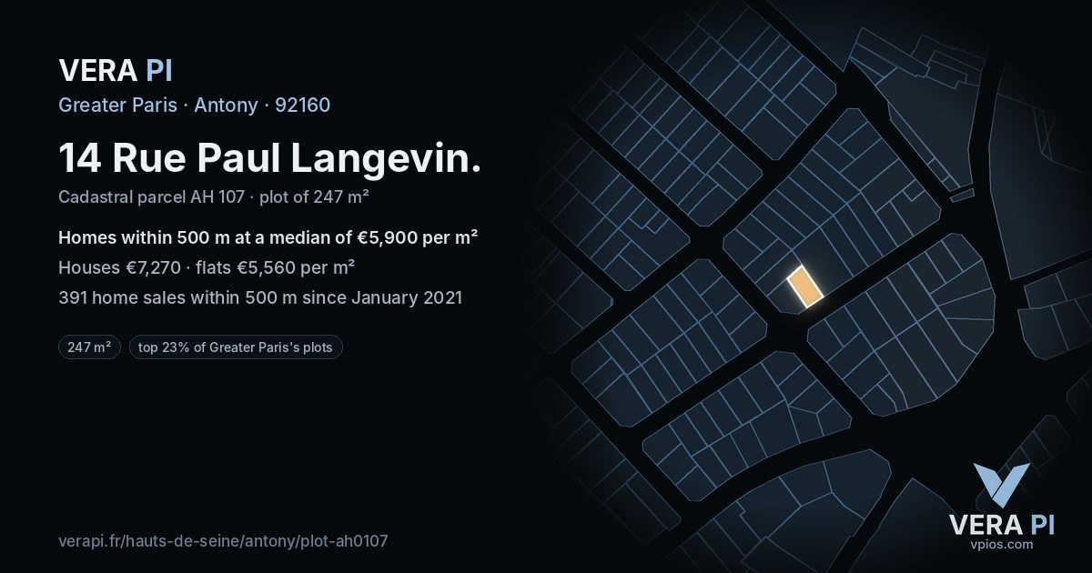14 Rue Paul Langevin, Antony at night – the plot lit, the parcels around coloured by the prices near them
